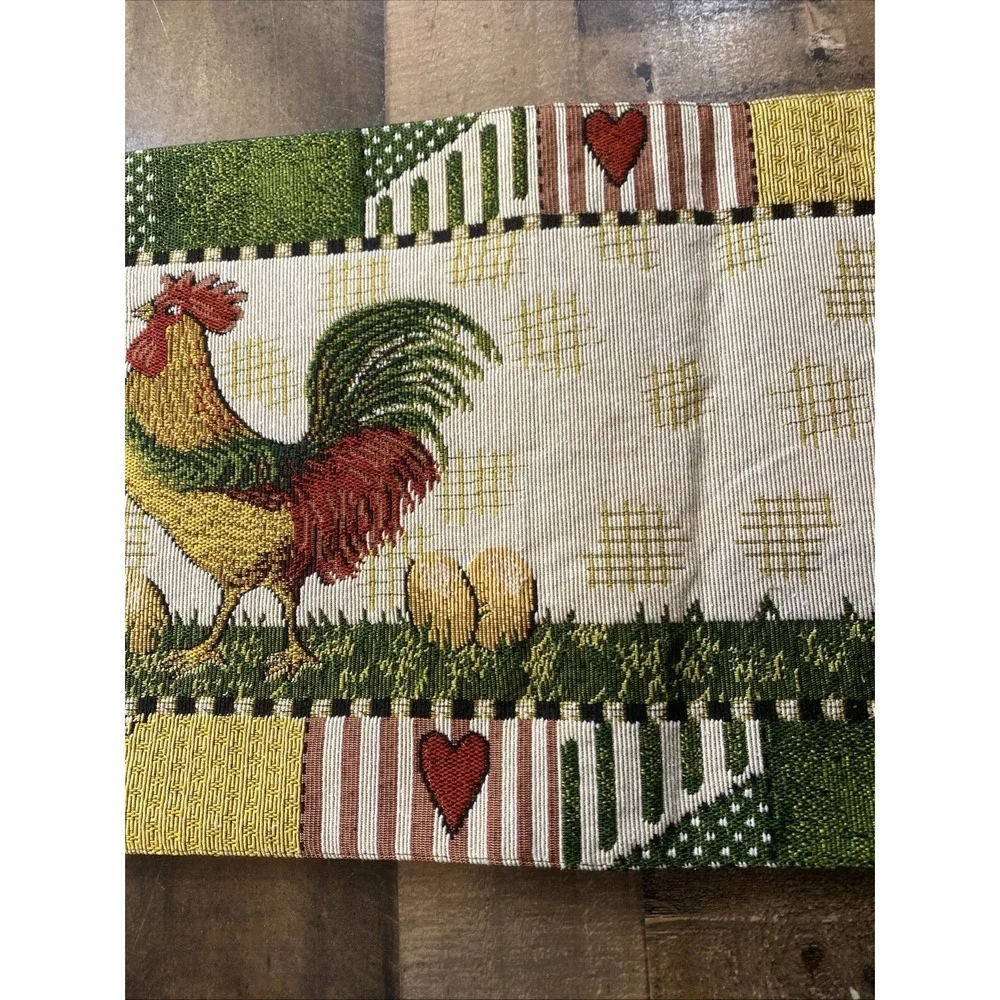 Vtg 90s Rooster Tapestry Table Runner Patchwork Hearts‎ Country Farmhouse Woven